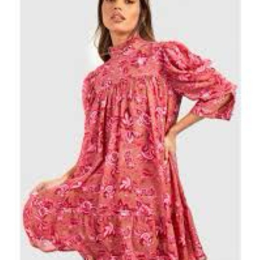 Boohoo Floral Print Pink Dress Puff Sleeves
